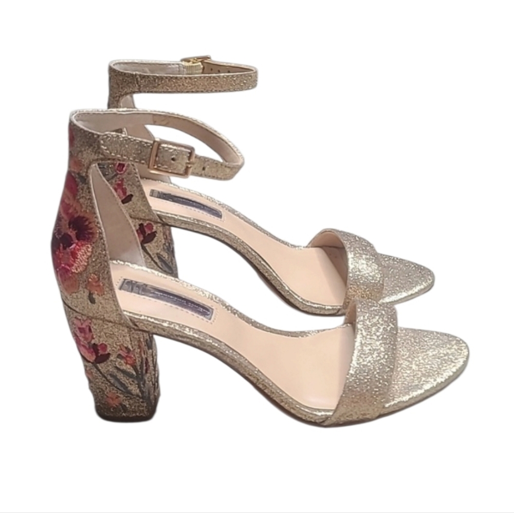 INC International Concepts Gold Glitter Floral Embroidered Block Heel Sandals